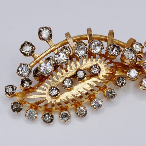 VTG 1950s Brooch Rhinestone Spray Leaf Mid Century Gold Tone Pin Jewelry Sparkly - Picture 6 of 11